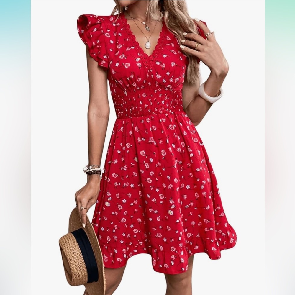 Boho Red Floral Ruffle Cap Sleeve V-Neck A-Line Swing Mini Sundress NWOT - Picture 4 of 14